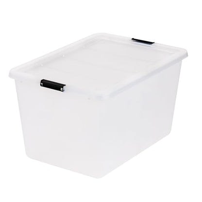 IRIS USA 4-Pack 55 Quart Clip Box with Latching Lid | Latching lid secures office and household supplies. Stackable, nestable design maximizes storage space