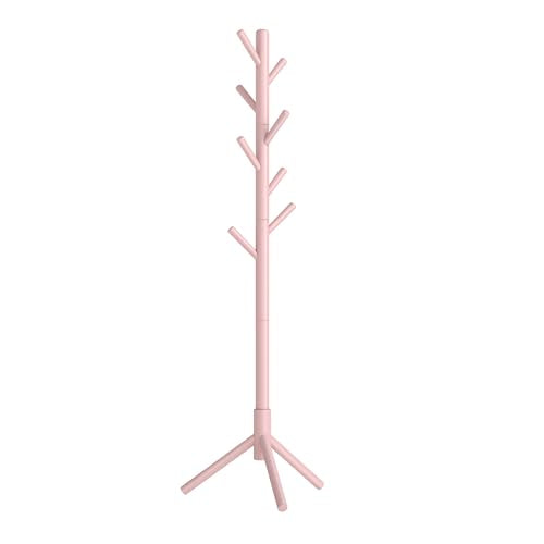 VASAGLE Solid Wood Coat Rack, Free Standing Tree-Shaped Coat Rack with 8 Hooks, 3 Height Options, for Clothes, Hats, Bags, Living Room, Bedroom, Home Office, Jelly Pink URCR004R01