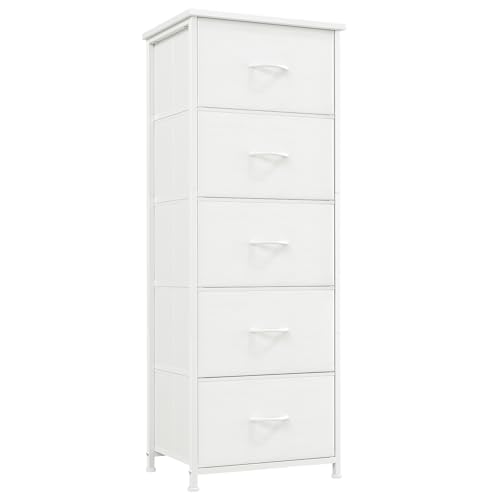 Somdot Tall Dresser for Bedroom, 5 Drawer Storage Cabinet, White | Fabric Dresser with Removable Bins, Steel Frame, Wood Top Home Furniture, Closet Organizer, Nursery, Dorm, Entryway Storage