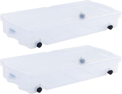 Rubbermaid 68 Quart Under the Bed Low Profile Storage Boxes with Dual Hinged Lids and Easy Rolling Caster Wheels, Clear, 2 Pack