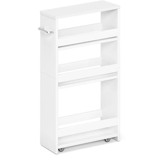 Slim Rolling Storage Cart, 4 Tier Utility Cart wit... (All White | Wood)