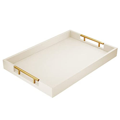 ATZYmolin 17"x12" Leather Serving Tray, Gold Handle Vanity Platter, White | Rectangle Ottoman Decor Tray, Polished Metal Handles, Coffee Table Bathroom Home Decorative Wood Tray