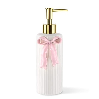 Handmade Ceramic Bow Soap Pump Dispenser Hand Lotion Liquid Dispenser Refillable for Kitchen and Bathroom Decorative (Ribbon Pink)
