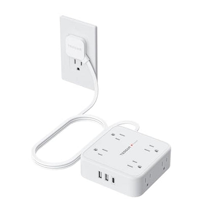 TESSAN Surge Protector Power Strip with 900J Surge Protection, 5 Ft, White | 8 AC with 3 USB Ports (1 USB C), Flat Plug Extension Cord, 3 Sided Outlet Extender with Power Switch for Office, Dorm Room