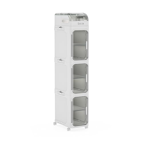 BINSIO 4-Tiers Toilet Paper Storage, Slim Bathroom Organizers and Storage, Bathroom Counter Organizer, Bathroom Organizer Storage Cabinet, Portable Laundry Room Organization, Plastic White Clear Doors