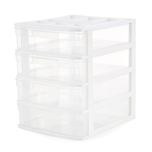 Gracious Living Drawer Organizer, 4-Tier Plastic Storage Desktop Drawers, White Frame - Stackable Clear Desk Containers & Organizers for Shelves, Bathroom, Closet, Kitchen Pantry & Office Organization