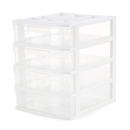 Gracious Living Drawer Organizer, 4-Tier Plastic Storage Desktop Drawers, White Frame - Stackable Clear Desk Containers & Organizers for Shelves, Bathroom, Closet, Kitchen Pantry & Office Organization