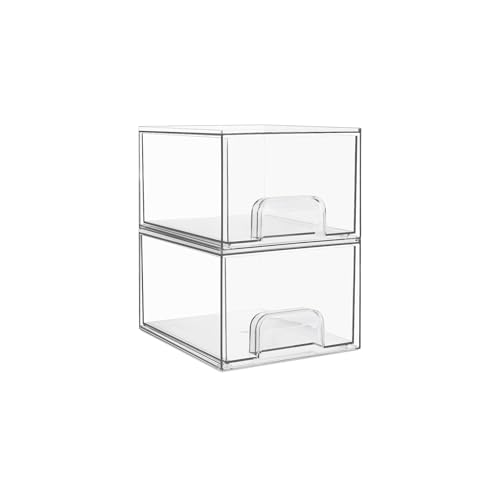Vtopmart 2 Pack Small Clear Stackable Storage Drawers,Acrylic Bathroom Makeup Organizer,Plastic Storage Bins for Vanity, Undersink, Kitchen Cabinets, Pantry, Home Organization