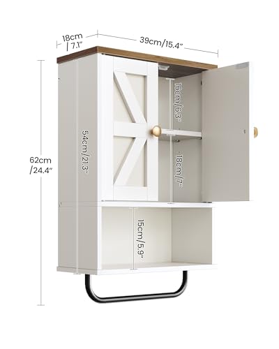 Bathroom Wall Cabinet, Medicine Cabinet with Open Partition and Towel Bar, Rustic Storage Cabinet with Open and Hidden Storage Space, for Bathroom, Living Room, Kitchen, White and Walnut