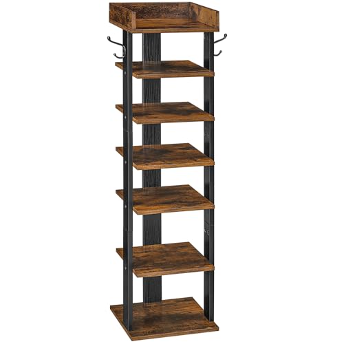 HOOBRO Vertical Shoe Rack for Front Door Entryway, 7 Tier Wooden Shoe Storage Organizer with Hooks, Narrow Shoe Tower for 7 Pairs, Space Saving, for Corner, Closet, Bedroom, Rustic Brown BF61XJ01