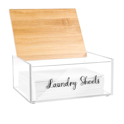 Acrylic Laundry Detergent Sheets Holder with Bamboo Lid, Laundry Soap Sheets Container Box Dispenser for Laundry Room