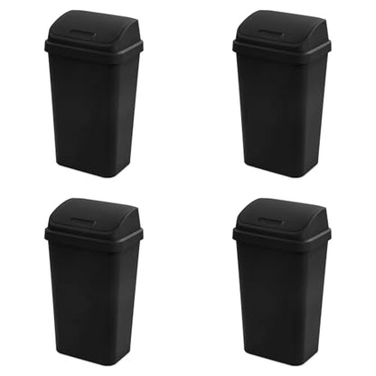 Sterilite Swing Top Wastebasket, Trash Can, 13 Gallon, Black, 4-Pack | Sleek Square Profile Modern Garbage Bin for Kitchen, Bathroom, Garage and Workspace, Fits 13 Gal Liners