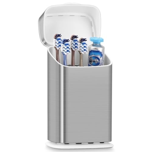 Bathroom Toothbrush Holder with Cover, Ventilated... (6 Count | Silver | Plastic)