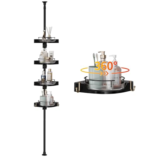 akinbas 360° Rotating Shower Caddy Tension Pole with 4-Tier Rustproof Lazy Susan 35-128 Inch No Drilling Coner Shelves Adjustable Shower Rack for Bathroom Bathtub Washbasin Plant Storage (Black)