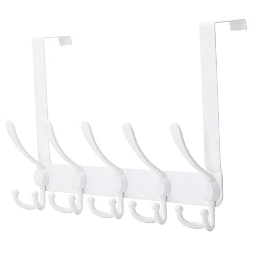 Over The Door Hook Hanger - Fits 1 3/8" to 1 3/4" Standard Doors | 5 Tri Hooks Heavy Duty Towel/Coat Rack | Door Organizer for Clothes, Jackets, Hats, Towels, White