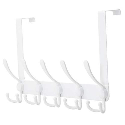 Over The Door Hook Hanger - Fits 1 3/8" to 1 3/4" Standard Doors | 5 Tri Hooks Heavy Duty Towel/Coat Rack | Door Organizer for Clothes, Jackets, Hats, Towels, White