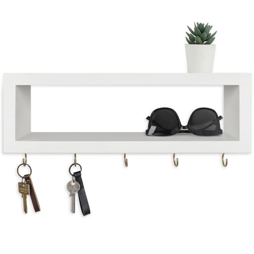 Lwenki Wall Shelf with Hooks - Decorative Key and Wallet Holder for Wall Holds Sunglasses, Leashes, Scarves and Lanyards - 15.7" x 5.1" x 2.9" Entryway Organizer Made of Paulownia Wood (White)
