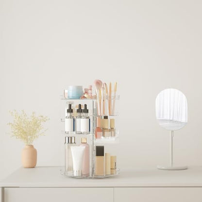 Rotating Makeup Organizer, DIY 8 Adjustable Layers Spinning Skincare Storage, Cosmetic Display Case with Brush Holder and Perfume Tray, Multi-Function Vanity Bathroom Countertop Organizer Clear