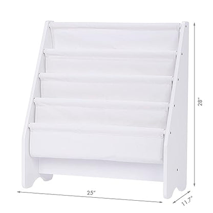 UTEX Kids Bookshelf Storage, Thick Cotton Sling Book Shelf for Kids Rooms | 4-Tier Toddler Magazine Book Rack, Children Book Organizer, Front Facing, Deep, Space Saving, Toddler Room, Gift, White