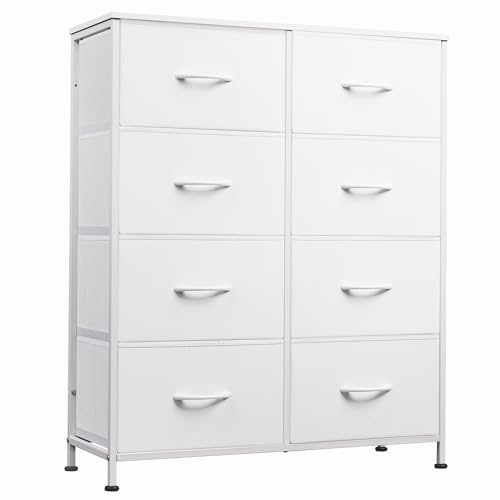 WLIVE 8 Drawer White Fabric Dresser for Bedroom, Tall Storage Tower | White tall 8-drawer fabric dresser with bins, ideal baby dresser for nursery kids room closet toddler clothes organization