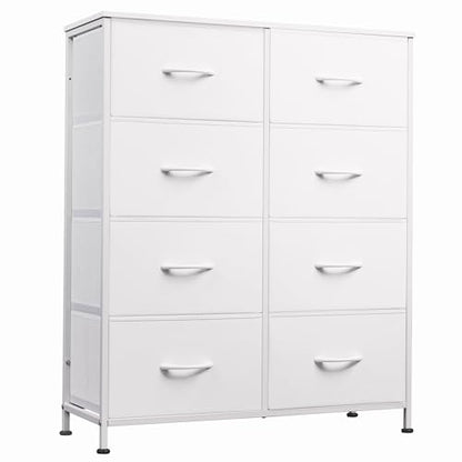 WLIVE 8 Drawer White Fabric Dresser for Bedroom, Tall Storage Tower | White tall 8-drawer fabric dresser with bins, ideal baby dresser for nursery kids room closet toddler clothes organization