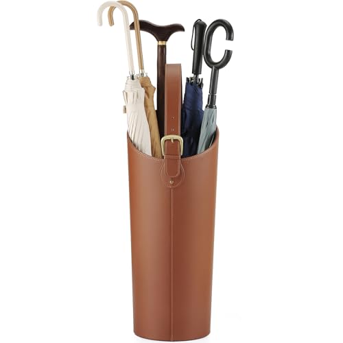 Brown Artificial Leather Tall Umbrella Holer Entryway Indoor for Business Office,22.4 Inch Umbrella Stand Entryway with Removable Water Tray 2 Hooks