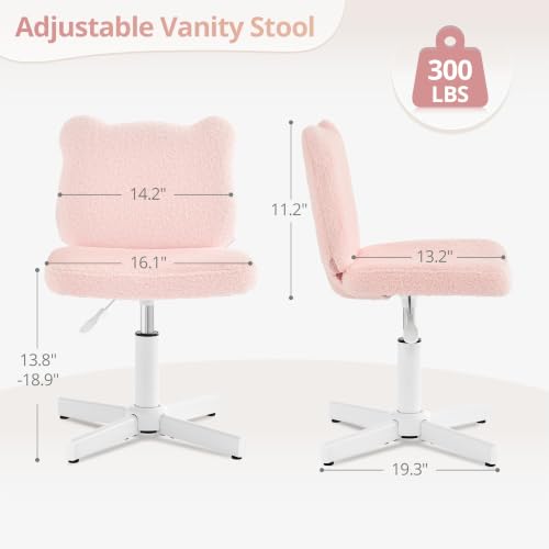 LUE BONA Cute Bear Ear Vanity Chair for Teen Girls - Height Adjustable 13.8"-18.9" Swivel Stool with Back Support, Teddy Velvet Makeup Ottoman, 300lbs, Light Pink