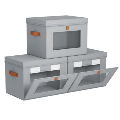 Storage Bins with Lids - Front Opening Storage Box with Clear Window & Handles, Stackable Foldable Fabric Bins for Closet Organization, Clothes, Sweaters, Towels, Blankets, 3 Pack, Grey