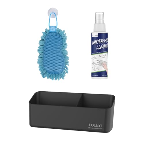 LOUKIN Whiteboard Accessories Bundle | Shag Dry Erase Eraser (Blue) & Whiteboard Cleaner (3.4 fl oz) & Magnetic and Adhesive Marker Holder (Black)