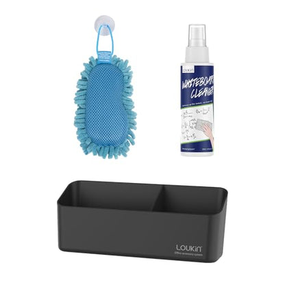 LOUKIN Whiteboard Accessories Bundle | Shag Dry Erase Eraser (Blue) & Whiteboard Cleaner (3.4 fl oz) & Magnetic and Adhesive Marker Holder (Black)