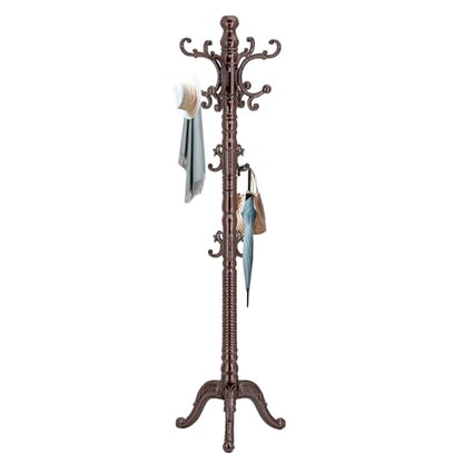 Wooden Coat Rack Stand, Solid Wood Freestanding Coat Rack, Vintage Coat Racks with 14 Hooks & Triangle Base, Standing Coat Hanger Jacket Tree Stand for Office, Entryway, Hallway
