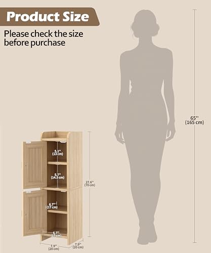 Rattan Small Bathroom Cabinet Narrow Toilet Paper Organizer Oak | 7.9''D x 7.9''W Bathroom Organizer and Storage Cabinet for Small Space, Slim Corner Unit with Adjustable Shelf