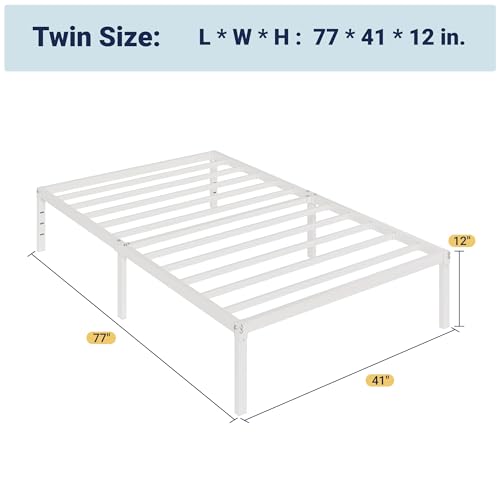 Allewie Twin Bed Frame, 12 Inch Metal Platform Beds with Storage Space, No Box Spring Required and Easy Assembly, White