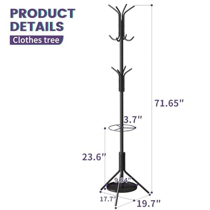 Coat Rack Freestanding,Entryway Hanger Stand,Umbrella Holder,Hall Tree With 12 Hooks, Floor Standing Metal Tree Stand,Black
