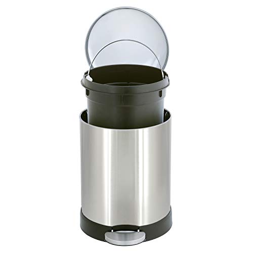 Glad Small Trash Can, 1.2 Gallon | Round Stainless Steel Garbage Bin with Soft Close Lid & Step Foot Pedal | Metal Waste Basket with Removable Inner Bucket, Stainless, 8 x 9.5 x 12 inches