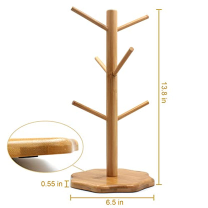 Bamboo Countertop Mug Tree Stand with 6 Hooks, Octagon Base Coffee Cup Tree