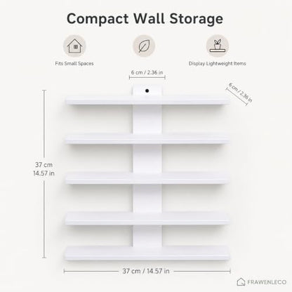No Drill Wall Shelf, 5-Tier White Floating Shelves with Adhesive, Thickened 12mm PVC Board, Damage-Free Wall Mounted Organizer for Bathroom, Kitchen, Living Room, Bedroom(White)