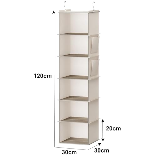 YOUDENOVA Hanging Closet Organizer and Storage, 6-Shelf, Beige | Breathable Fabric, 2 Side Pockets, Clothes Organizer, Hanging Shelves, Closet Storage, College Dorm Room Essentials for Guys