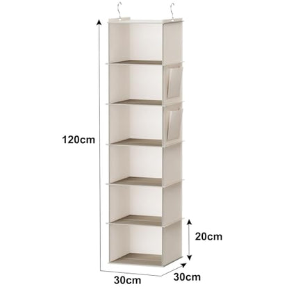 YOUDENOVA Hanging Closet Organizer and Storage, 6-Shelf, Beige | Breathable Fabric, 2 Side Pockets, Clothes Organizer, Hanging Shelves, Closet Storage, College Dorm Room Essentials for Guys