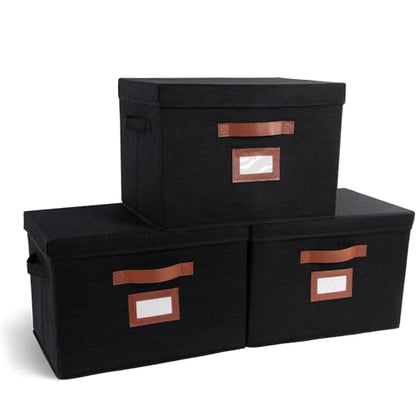 3 Pack Large Fabric Storage Boxes with Lids (15.75" x 11.25" x 11.25") - Decorative Bin with Lid, Label Holder, Faux Leather Handles - Large Storage Boxes for Organizing Clothes, Blankets - Black