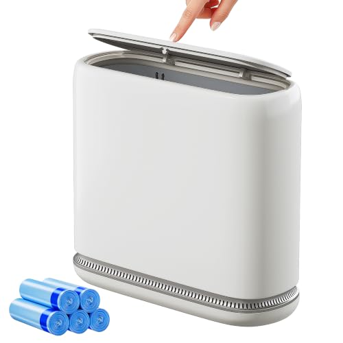 Small Bathroom Trash Can with Lid, 2.3 Gallon Slim Trash Can, Narrow Garbage Can with Hidden Liner & Auto-Smooth Bag Fit, Press-to-Open Lid, White, for Bathroom, Bedroom, Office, Kitchen