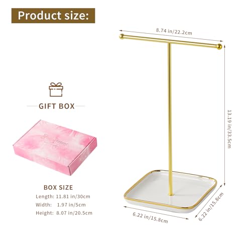 modern T-shaped jewelry rack, jewelry tower, gold metal, square ceramic base decoration display tower, necklace, bracelet, ring storage rack (1-layer ceramic disc)