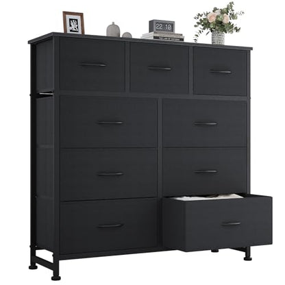 OLIXIS 9 Drawer Fabric Storage Dresser Chest Organizer Unit, Black | Sturdy and lightweight fabric drawers with easy-pull handles. Space-saving versatile organizer for clothes, bedroom