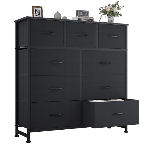 OLIXIS 9 Drawer Fabric Storage Dresser Chest Organizer Unit, Black | Sturdy and lightweight fabric drawers with easy-pull handles. Space-saving versatile organizer for clothes, bedroom