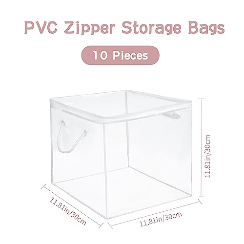 10-Pack Clear Zippered Storage Bags with Handles, Two-Way Zipper Foldable Closet Organizer, Bed Sheet Organizer, Plastic Storage Bin for Clothes, Towels