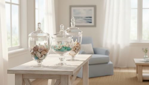 Elements Clear Glass Apothecary Jar Set of 3 with Lids - Decorative Glass Jars for Bathroom, Kitchen, Pantry Storage - Handcrafted, Graduated Heights 10, 9.5, 8.5 In