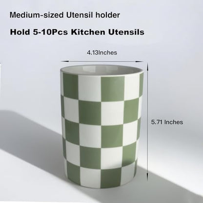 Checkered Utensil Holder, 4.13''x5.71" Utensils Ca... (Sage Green | Ceramic)