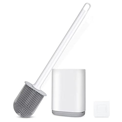 Silicone Toilet Brush and Holder, Wall Mounted No Rust Problem White | TPR Small and compact Flex Flat head Scrubber Ergonomics Modern Cute Bendable Matte Hidden Bathtub