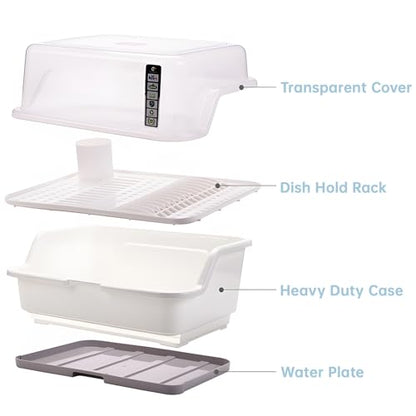 Tomorotec Medium Size Dish Drying Rack & Drain Board with Lid Cover, White | Kitchen Counter Drainer with Dust-Proof Clear Cover, Detachable Design with Utensil Holder, Plate Cup Tray Cutlery Drainer