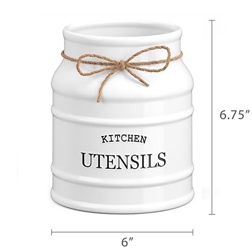Barnyard Designs Ceramic Kitchen Utensil Holder Countertop 6.75″ (White) | Large Rustic Kitchen Utensil Crock Counter Organizer for Cooking Tools, Spatulas, and Gadgets; Spatula Caddy; Farmhouse Decor